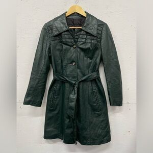 ✨70s Vintage Genuine Leather Green Trench Coat Jacket With Belt✨ Sz XS to S